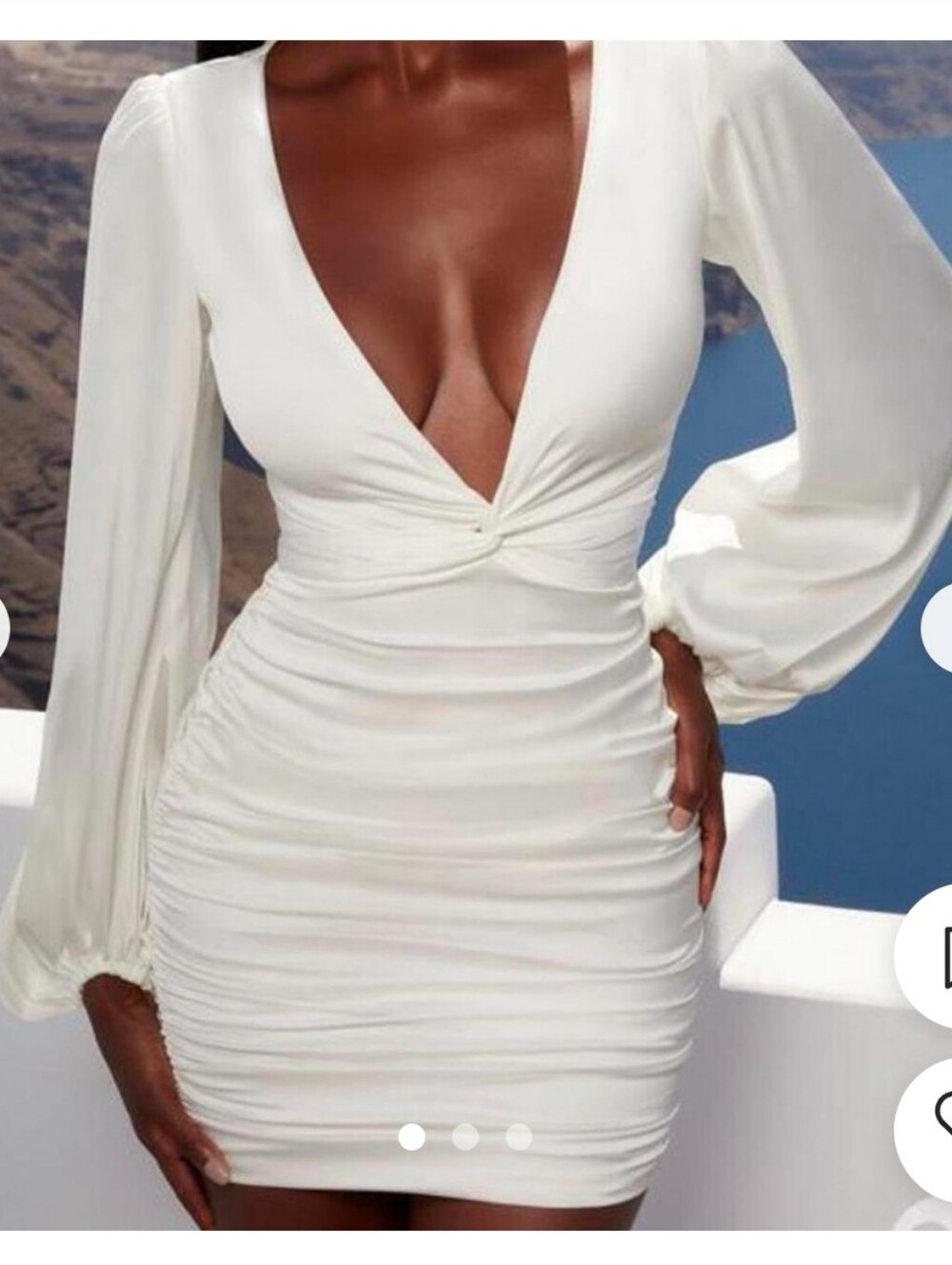 Oh Polly ruched satin mini dress featuring a deep plunging neckline Sz 2 Ivory